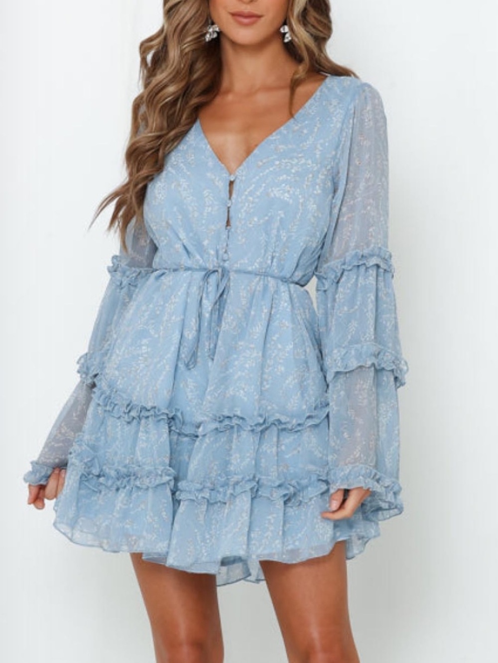 Light Blue Ruffle Tiered V-Neck Mini Dress